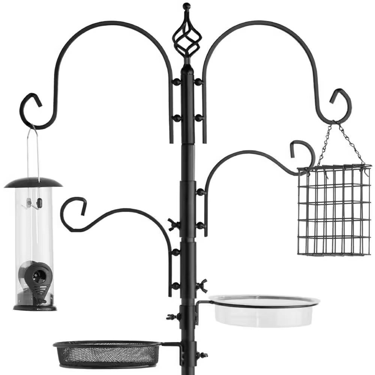 89" Metal Bird Feeder Station with Hanging Hooks and Water Bowl Seed Tray 4 Feeder Options